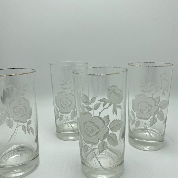 Vintage Libby Rose Pattern Set of 4 Frosted Glasses Flowers - Picture 3 of 4